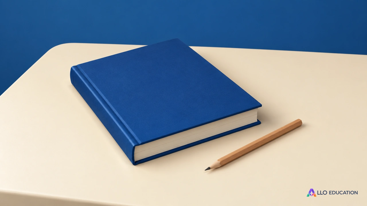 Un livre fermé uni et un crayon de bois sur une table.