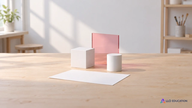 Un cube et un cylindre près d’un panneau translucide.
