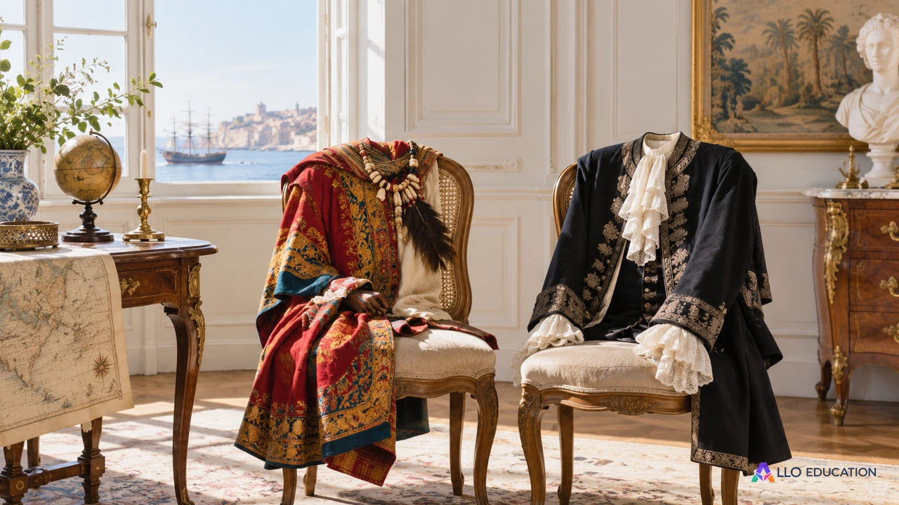 Deux habits anciens contrastés sur des dossiers de chaise.