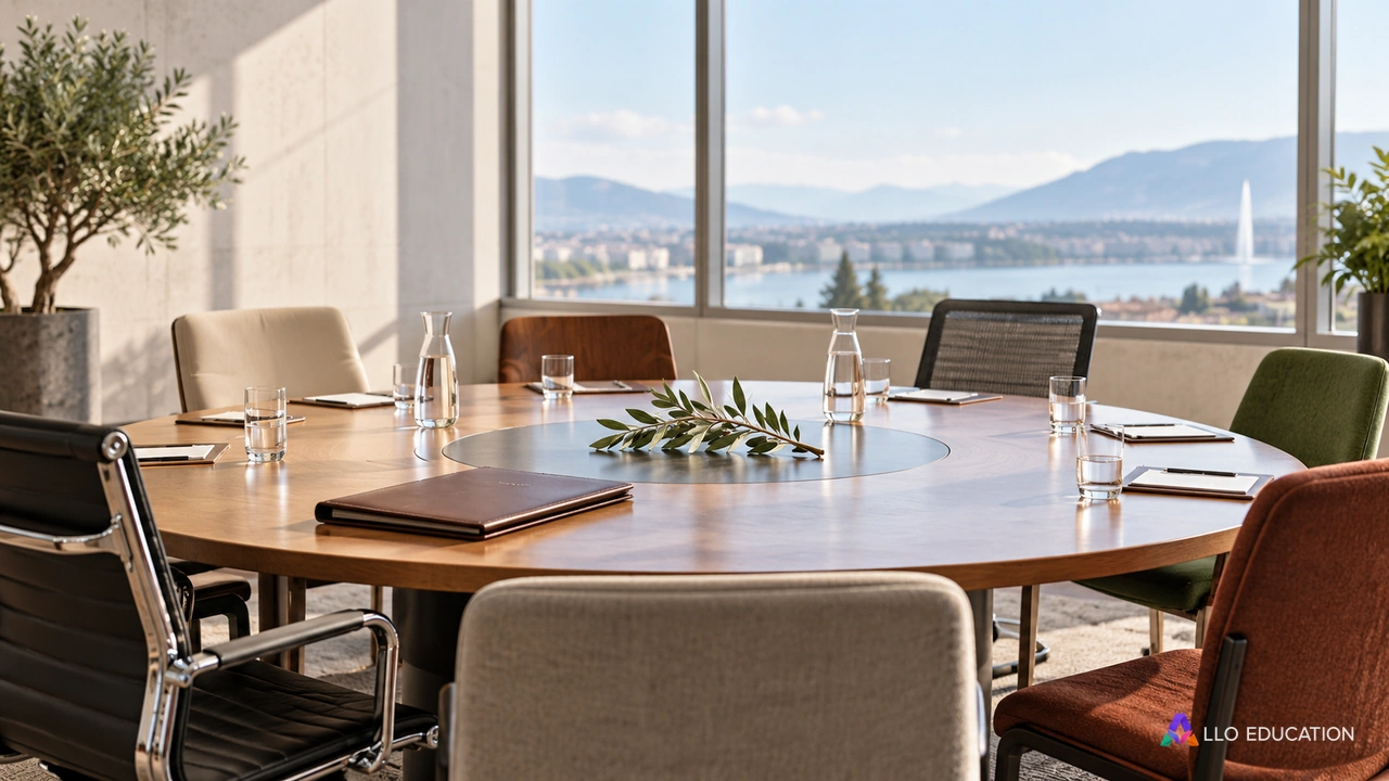Table de réunion, chaises et dossier fermé près d’une branche d’olivier.