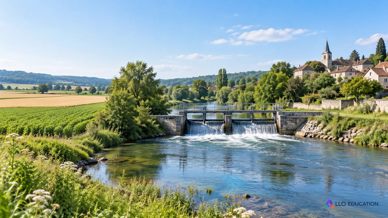 Une rivière longe des cultures et un village, autour d’un ouvrage de gestion de l’eau.