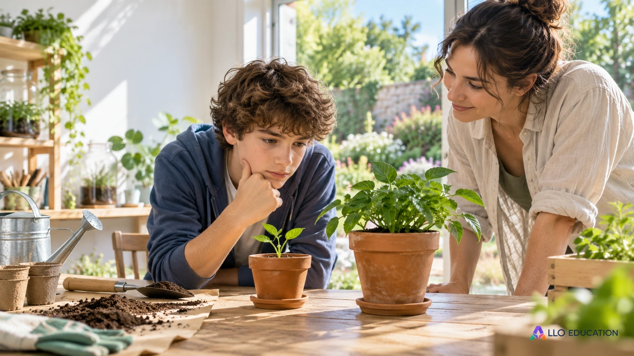 Adolescent observant deux plantes avec une adulte en retrait dans un atelier lumineux.