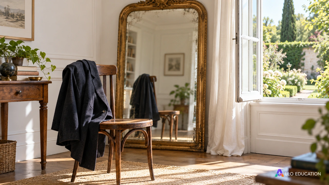 Chaise, manteau et miroir près d’une fenêtre donnant sur un jardin.