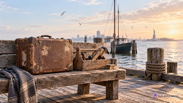 Valise et outils de menuiserie sur un banc près d’un quai.