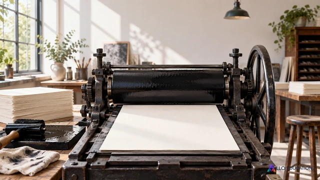 Presse ancienne et feuilles vierges dans un atelier lumineux.