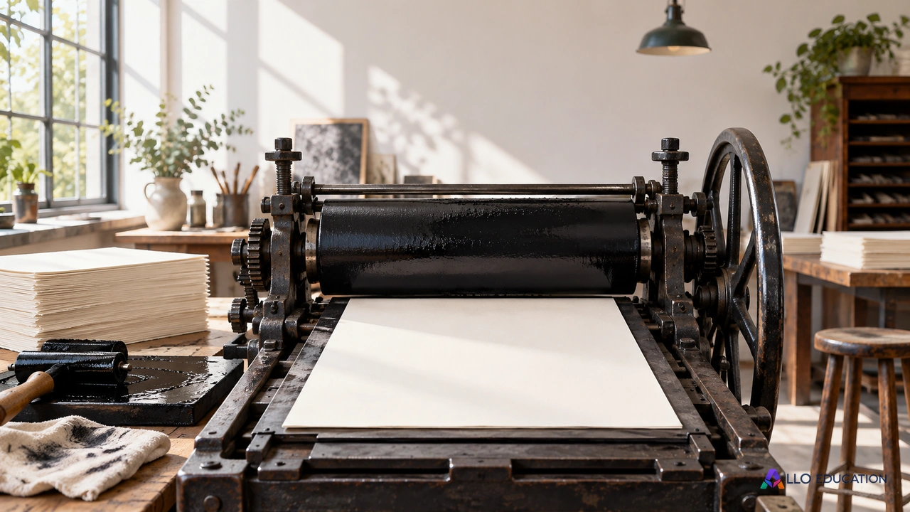 Presse ancienne et feuilles vierges dans un atelier lumineux.