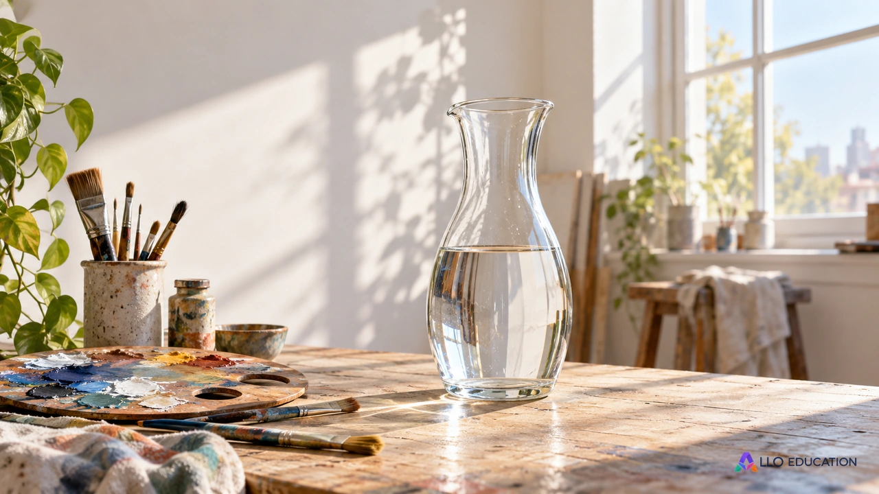 Carafe de verre éclairée dans un atelier avec des pinceaux et une palette.