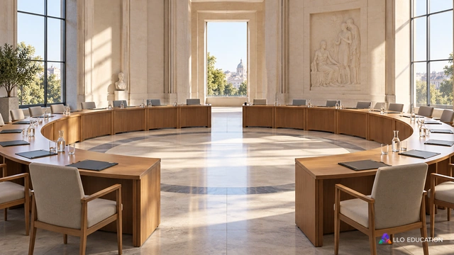 Tables en cercle et passage central dans une salle publique vide.