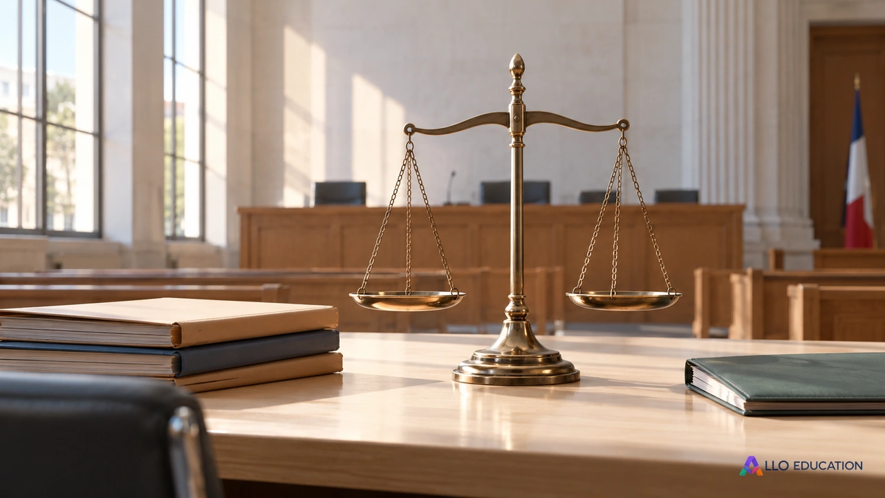 Balance en métal et dossiers vierges sur un bureau clair.