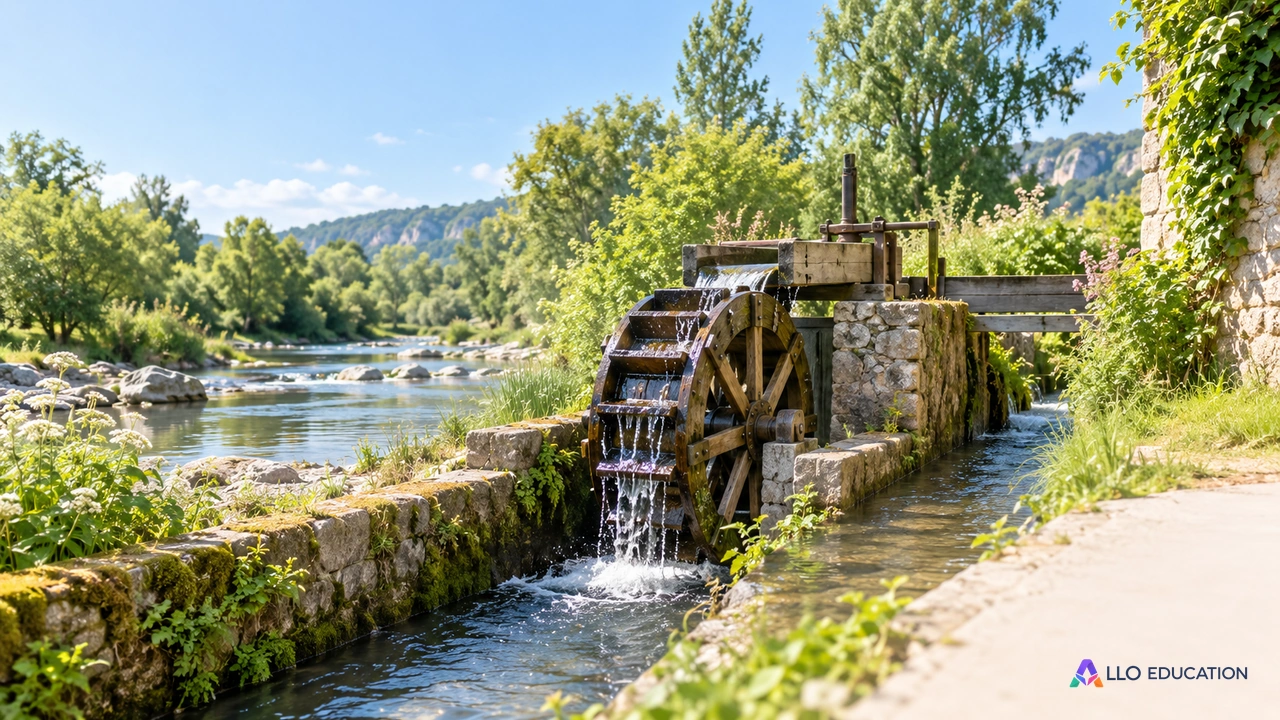 Petite roue à eau dans un canal entouré de végétation.