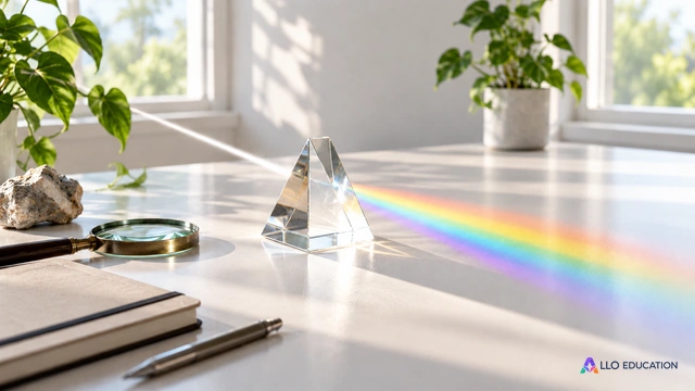 Prisme transparent et lumière colorée sur une table claire.