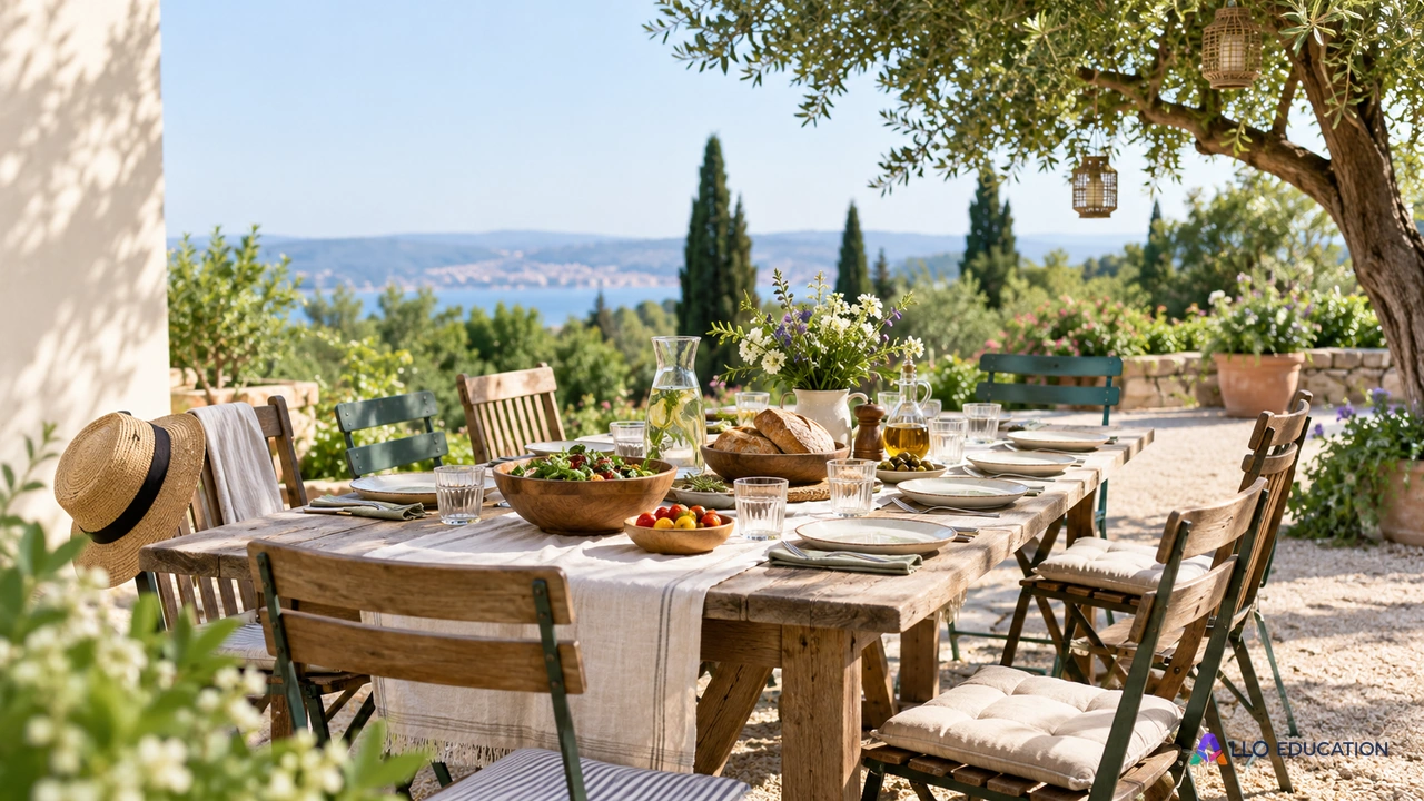 Table de jardin préparée pour un repas partagé.
