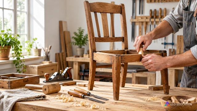 Chaise en réparation et mains au travail dans un atelier clair.