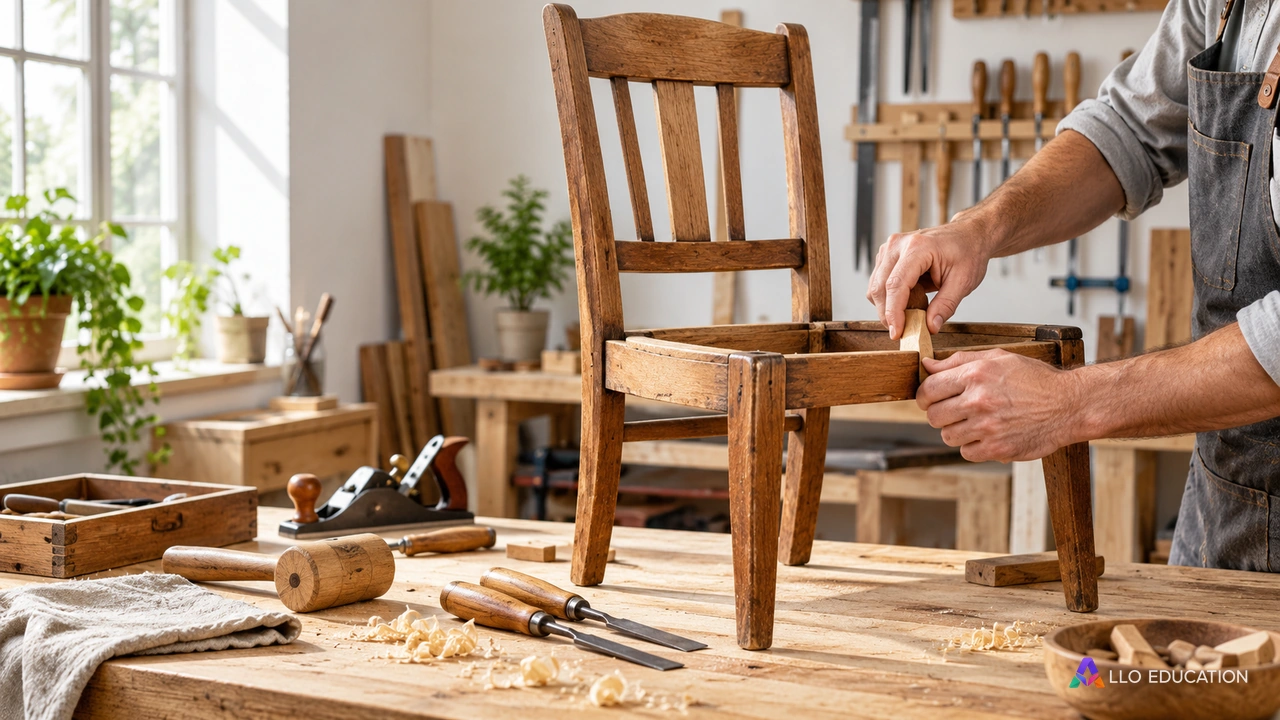Chaise en réparation et mains au travail dans un atelier clair.
