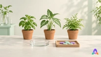 Plants en pots, récipient transparent et petits jetons violets et menthe sur une table claire.