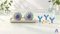Formes de cellules, molécules en Y et particules colorées sur une table claire.