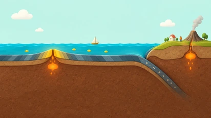 Un océan turquoise en coupe, une dorsale au plancher doré et une plaque froide plongeant sous un continent vert avec un volcan, une maison et un voilier.