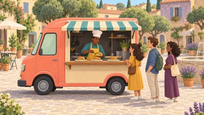 Un camion de cuisine corail à auvent turquoise accueille trois clients ; un chef en tablier jaune prépare des portions dans une place de marché pastel.