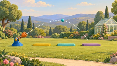 Dans un jardin pastel, un petit lanceur orange sur socle bleu envoie une balle turquoise suivant une parabole vers trois tapis jaune, turquoise et prune.