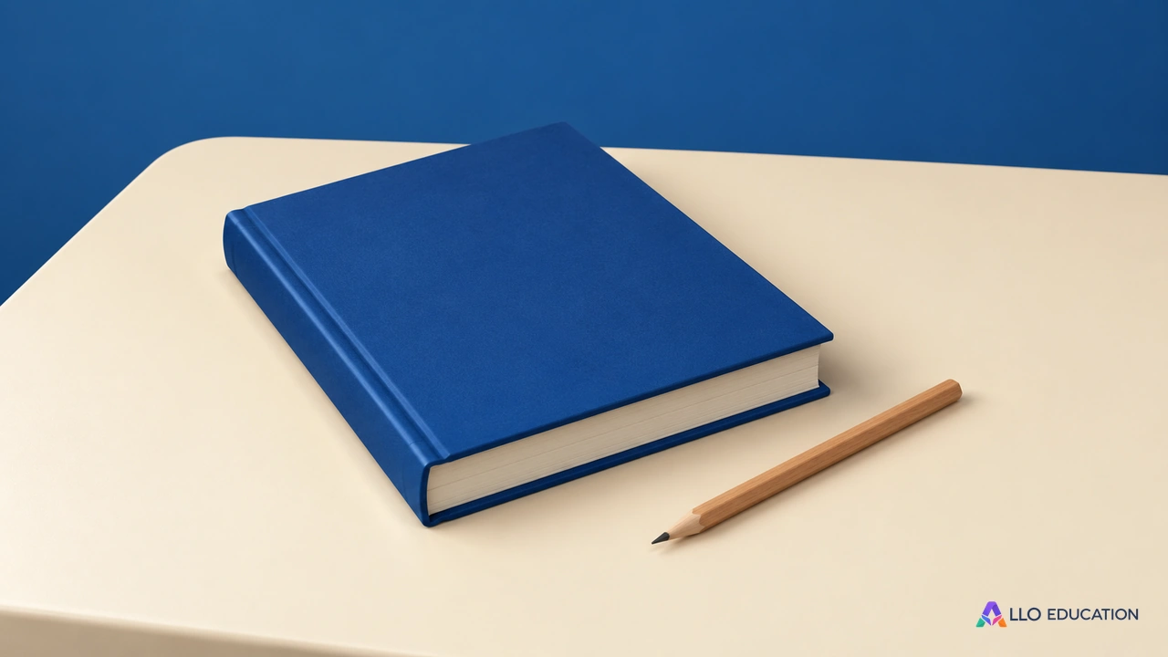Un livre fermé uni et un crayon de bois sur une table.