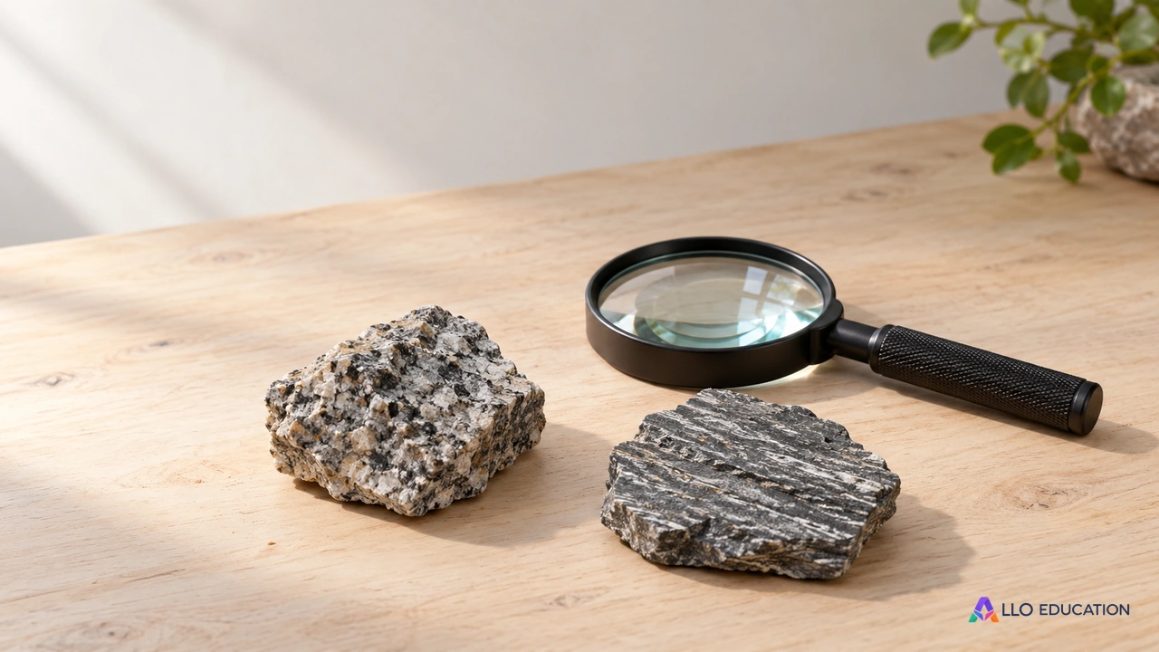 Une loupe accompagne deux échantillons de roche sur une table claire.