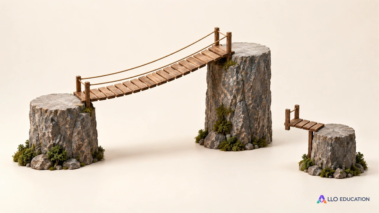 Une petite passerelle en bois relie deux supports de hauteurs différentes, avec une voie secondaire qui s’arrête avant un troisième support.