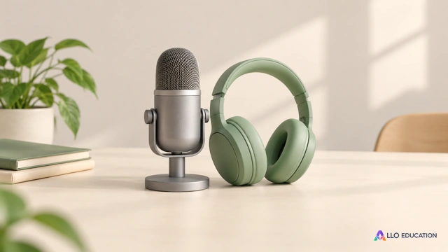 Petit microphone uni et casque d’écoute sur une table claire sans inscriptions.