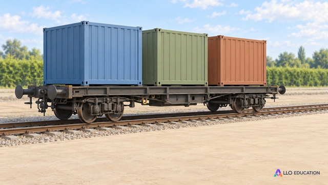 Conteneurs et voie ferroviaire dans un espace logistique sans inscriptions.
