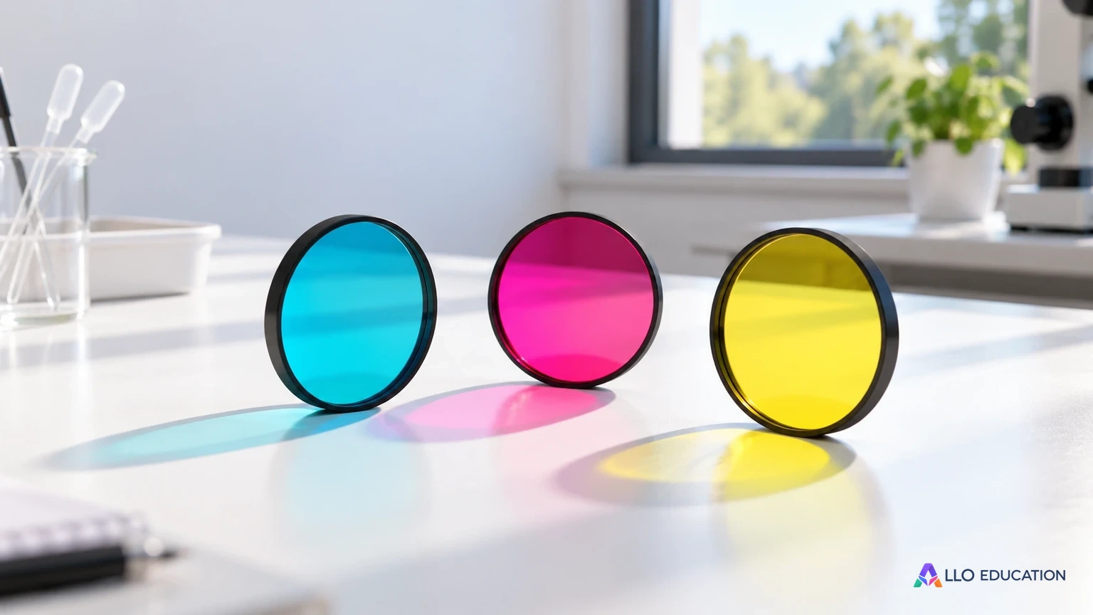 Des filtres colorés évoquent la sélection des radiations lumineuses.