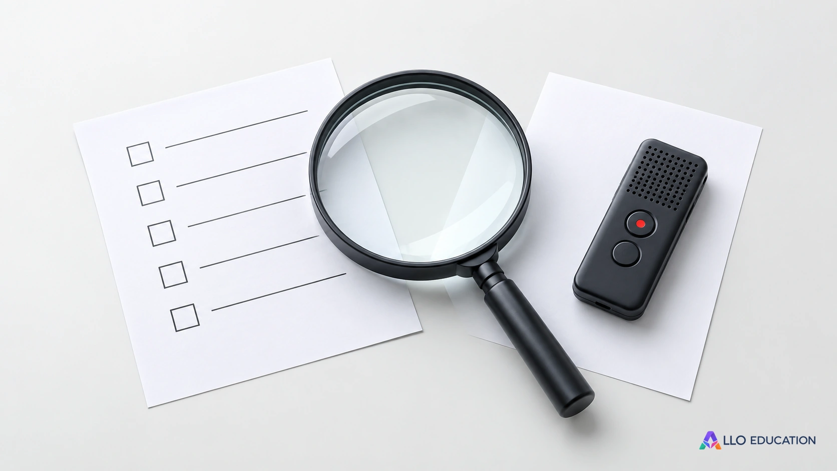 Une loupe rapproche un support à cases vierges et un enregistreur sans texte.